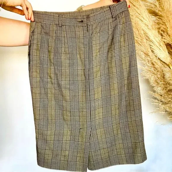 VINTAGE CLAIBORNE Brown Tan Plaid Print Business Pencil Midi Knee Skirt 6 - Picture 6 of 8